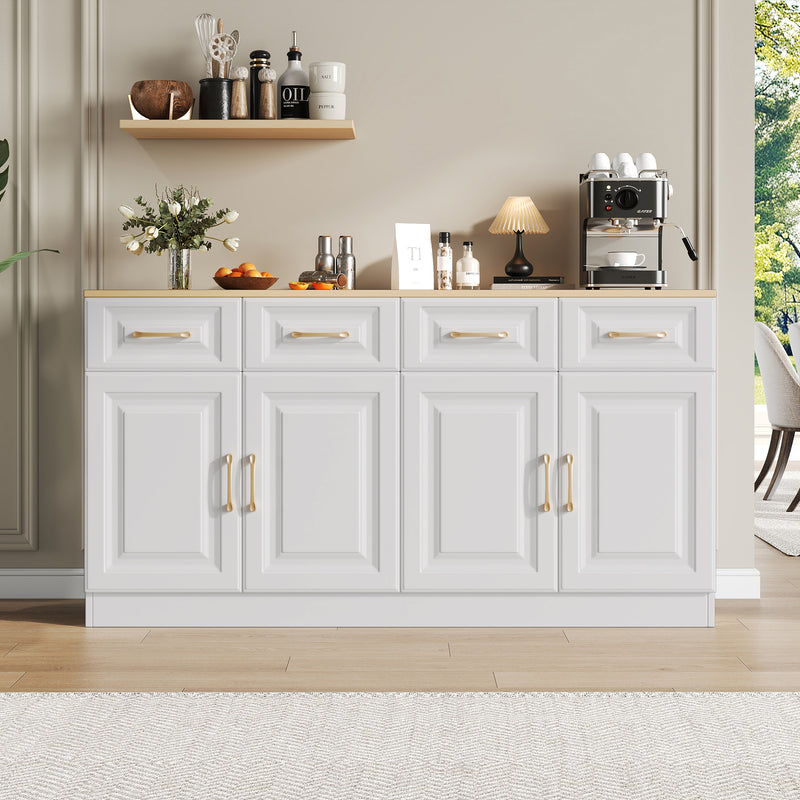 Buffet blanc fermier effet bois 4 tiroirs 4 portes PHECHEANS