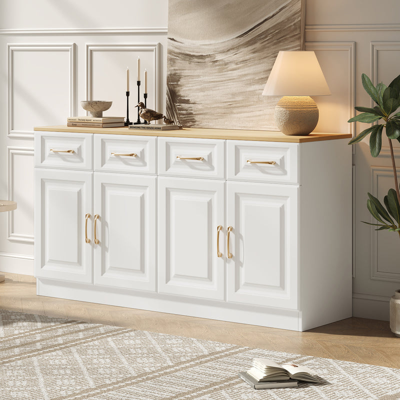 Buffet blanc fermier effet bois 4 tiroirs 4 portes PHECHEANS