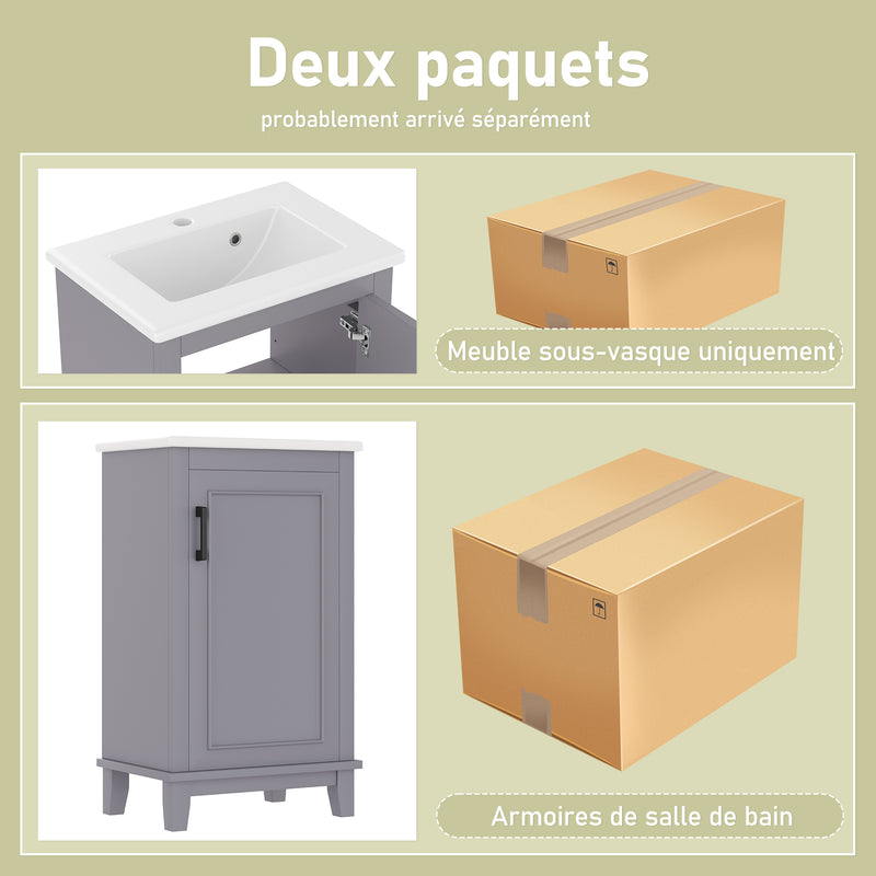 Meuble vasque gris sur pied, vasque blanc céramique (robinet non inclus) PHOCIDS