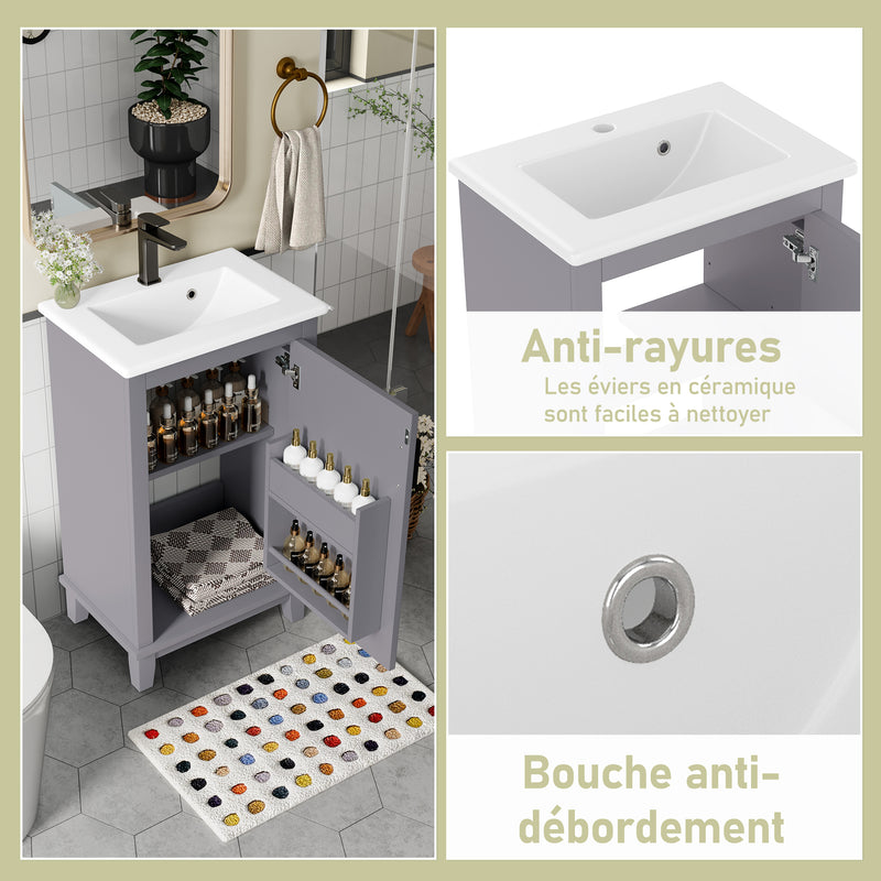 Meuble vasque gris sur pied, vasque blanc céramique (robinet non inclus) PHOCIDS