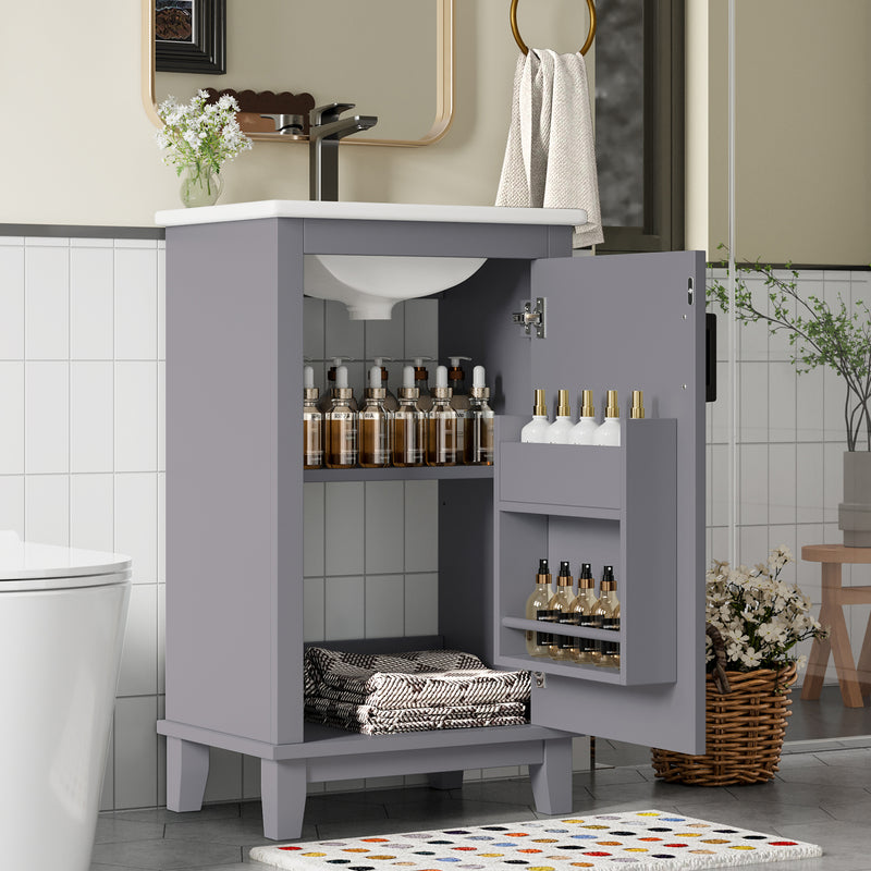 Meuble vasque gris sur pied, vasque blanc céramique (robinet non inclus) PHOCIDS