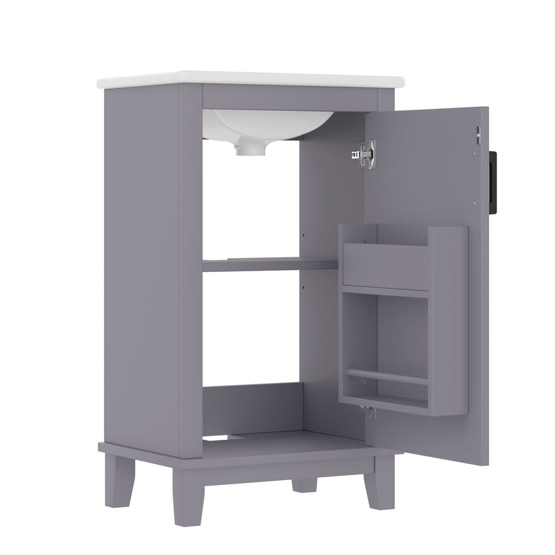 Meuble vasque gris sur pied, vasque blanc céramique (robinet non inclus) PHOCIDS