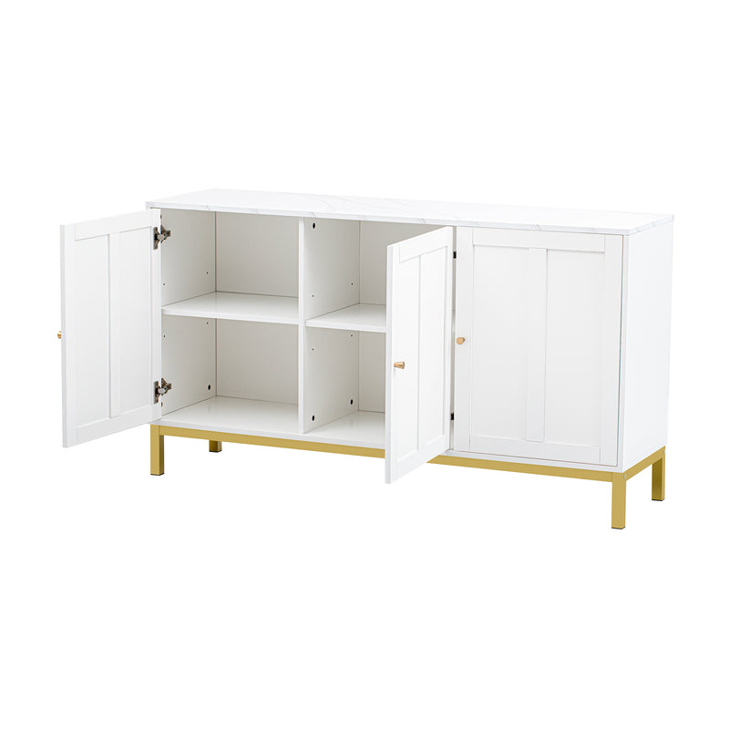Buffet blanc moderne 3 portes avec plateau effet marbre et pieds métalliques dorés PHULPHAIX