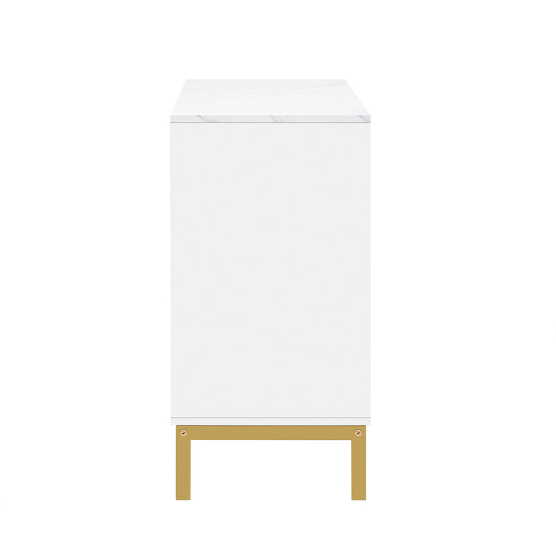 Buffet blanc moderne 3 portes avec plateau effet marbre et pieds métalliques dorés PHULPHAIX