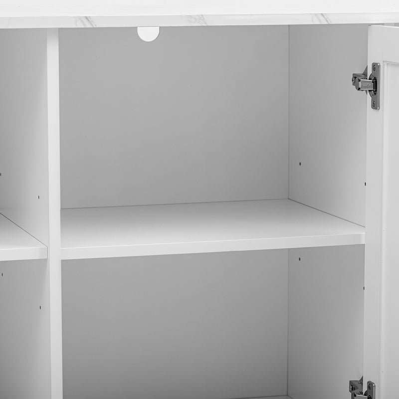 Buffet blanc moderne 3 portes avec plateau effet marbre et pieds métalliques dorés PHULPHAIX