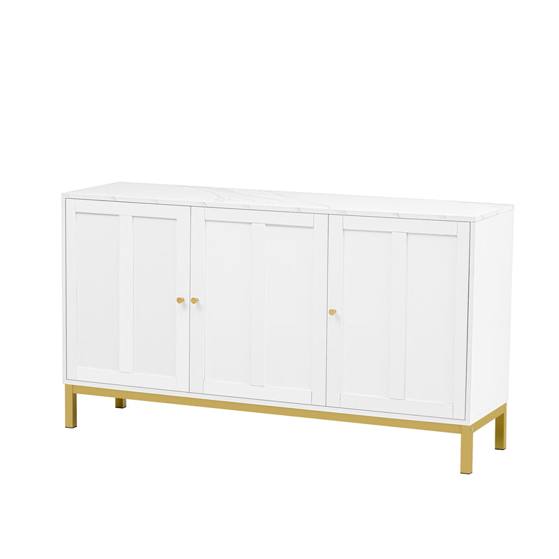 Buffet blanc moderne 3 portes avec plateau effet marbre et pieds métalliques dorés PHULPHAIX