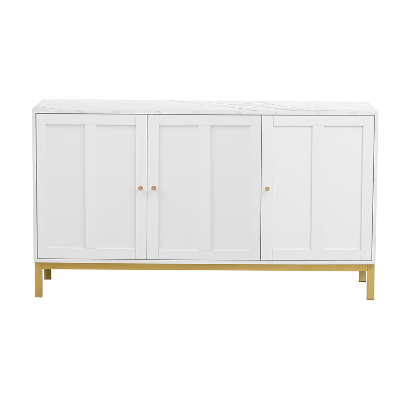 Buffet blanc moderne 3 portes avec plateau effet marbre et pieds métalliques dorés PHULPHAIX