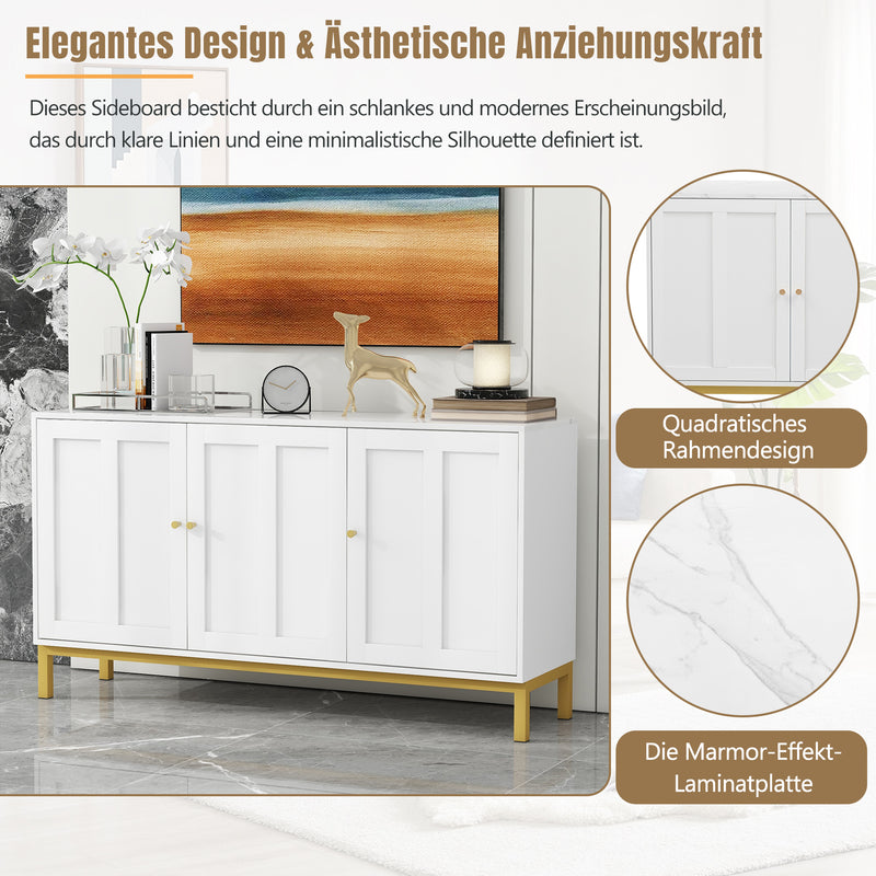 Buffet blanc moderne 3 portes avec plateau effet marbre et pieds métalliques dorés PHULPHAIX