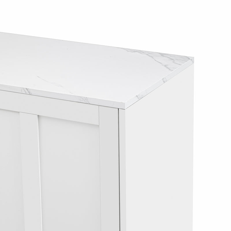 Buffet blanc moderne 3 portes avec plateau effet marbre et pieds métalliques dorés PHULPHAIX