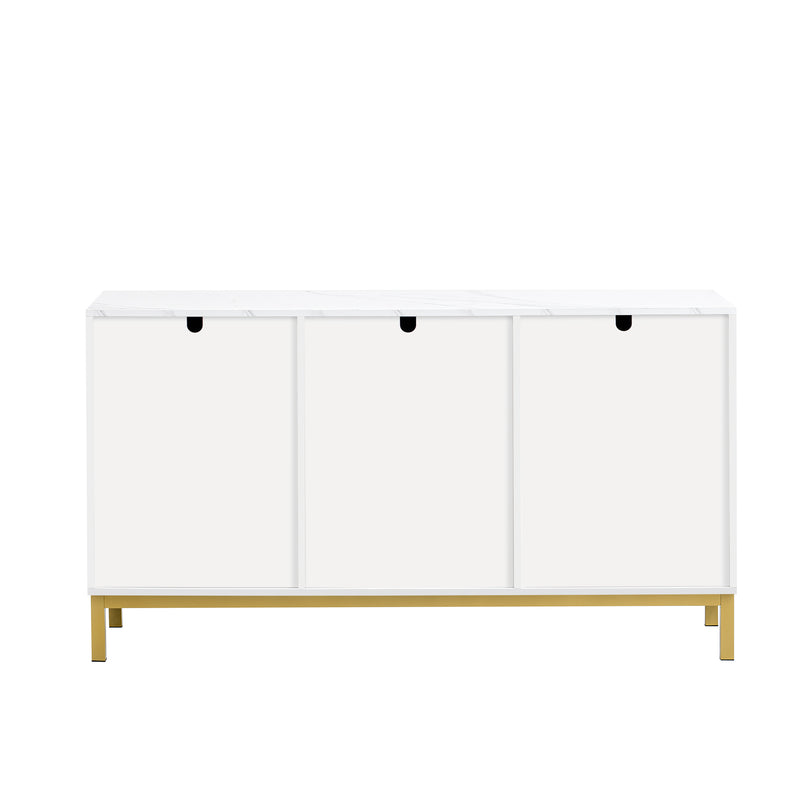 Buffet blanc moderne 3 portes avec plateau effet marbre et pieds métalliques dorés PHULPHAIX