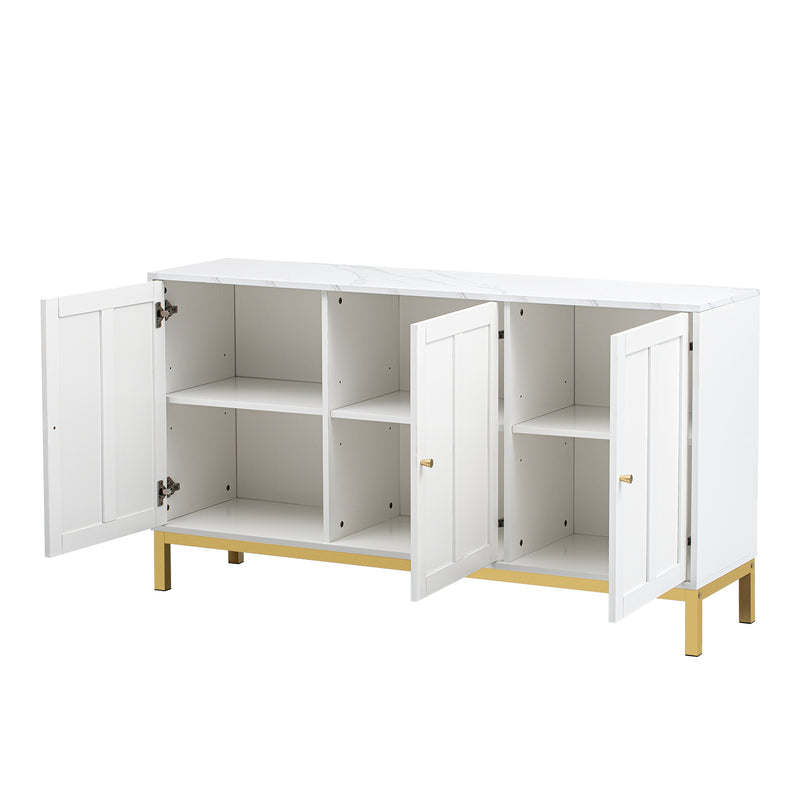 Buffet blanc moderne 3 portes avec plateau effet marbre et pieds métalliques dorés PHULPHAIX