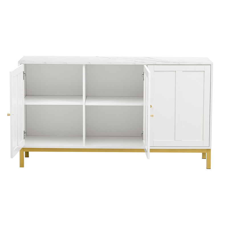 Buffet blanc moderne 3 portes avec plateau effet marbre et pieds métalliques dorés PHULPHAIX
