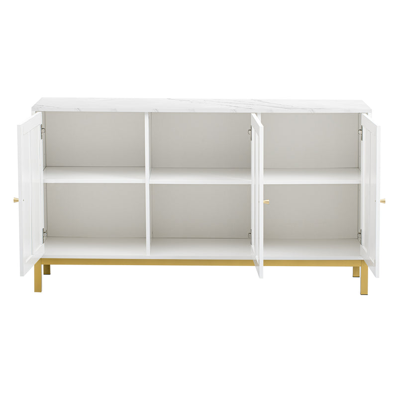 Buffet blanc moderne 3 portes avec plateau effet marbre et pieds métalliques dorés PHULPHAIX
