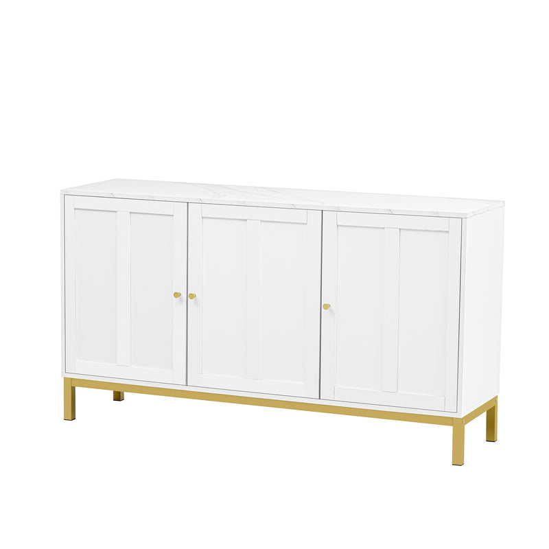Buffet blanc moderne 3 portes avec plateau effet marbre et pieds métalliques dorés PHULPHAIX