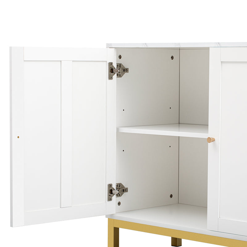 Buffet blanc moderne 3 portes avec plateau effet marbre et pieds métalliques dorés PHULPHAIX