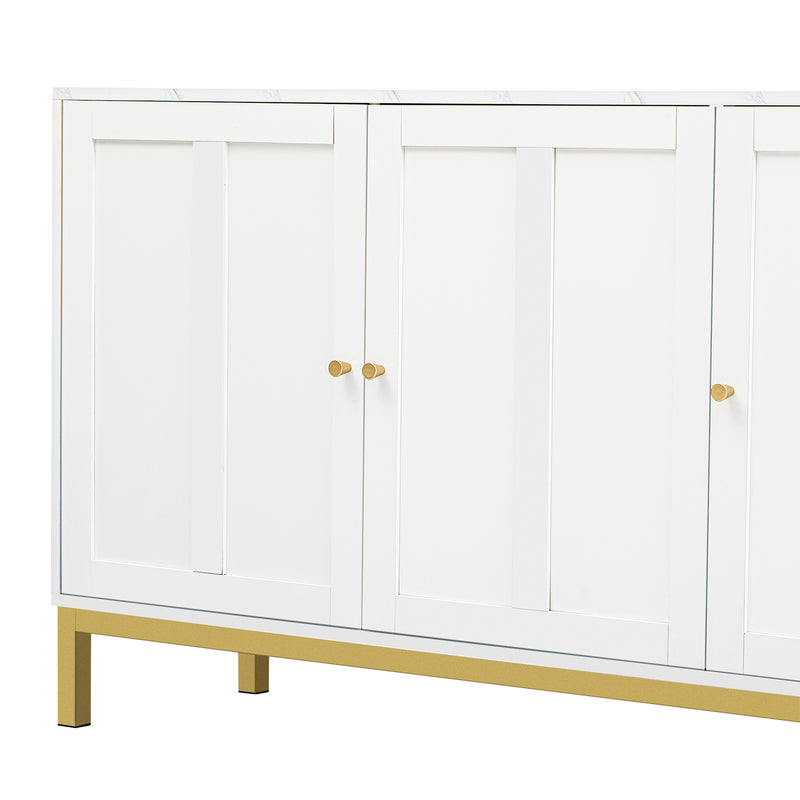 Buffet blanc moderne 3 portes avec plateau effet marbre et pieds métalliques dorés PHULPHAIX