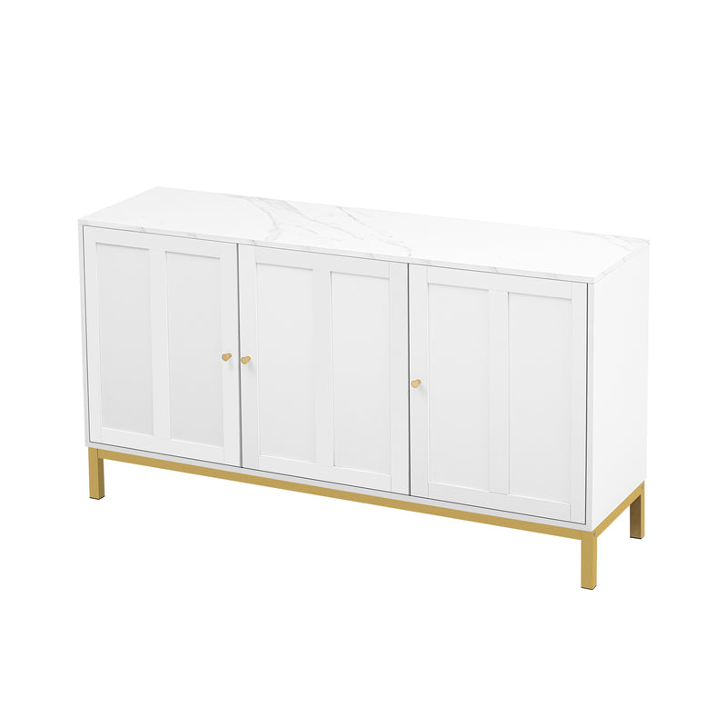 Buffet blanc moderne 3 portes avec plateau effet marbre et pieds métalliques dorés PHULPHAIX