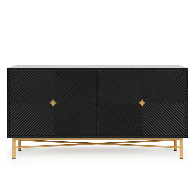 Buffet noir à texture gaufrée effet bois 4 portes style luxe accent doré POLLENBASK