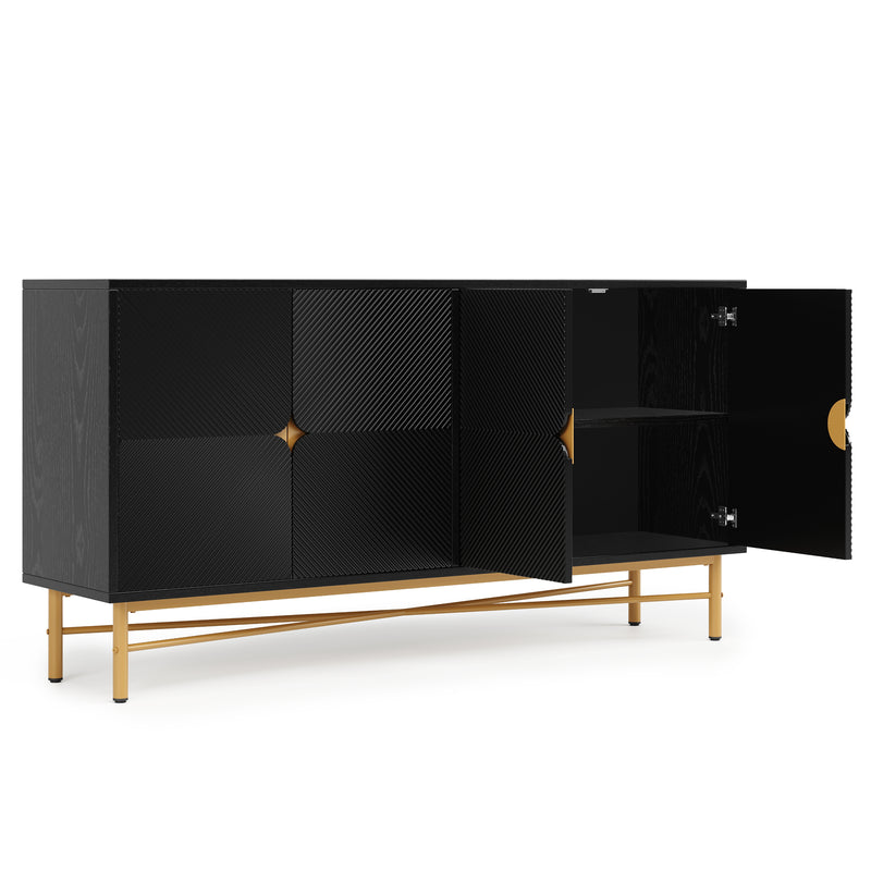 Buffet noir à texture gaufrée effet bois 4 portes style luxe accent doré POLLENBASK