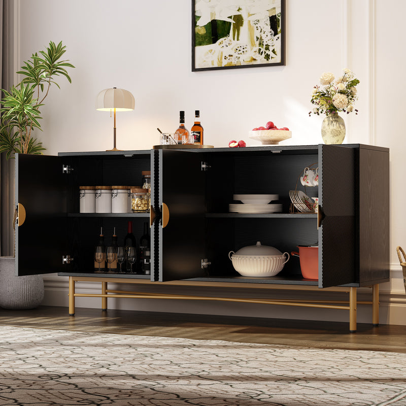 Buffet noir à texture gaufrée effet bois 4 portes style luxe accent doré POLLENBASK