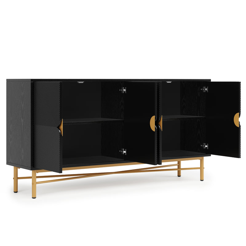 Buffet noir à texture gaufrée effet bois 4 portes style luxe accent doré POLLENBASK