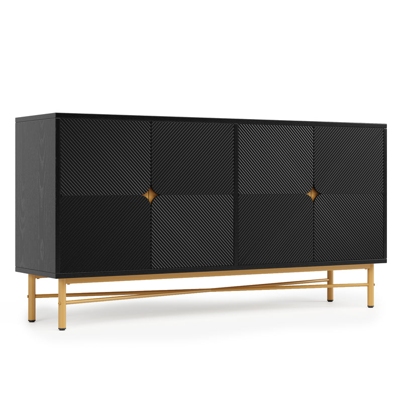 Buffet noir à texture gaufrée effet bois 4 portes style luxe accent doré POLLENBASK