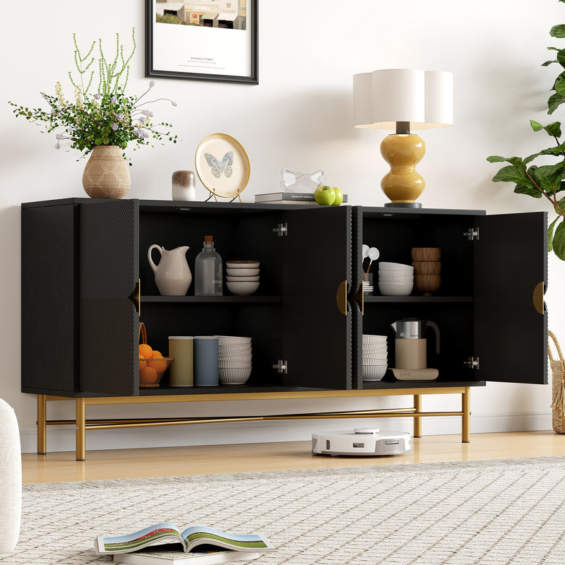 Buffet noir à texture gaufrée effet bois 4 portes style luxe accent doré POLLENBASK