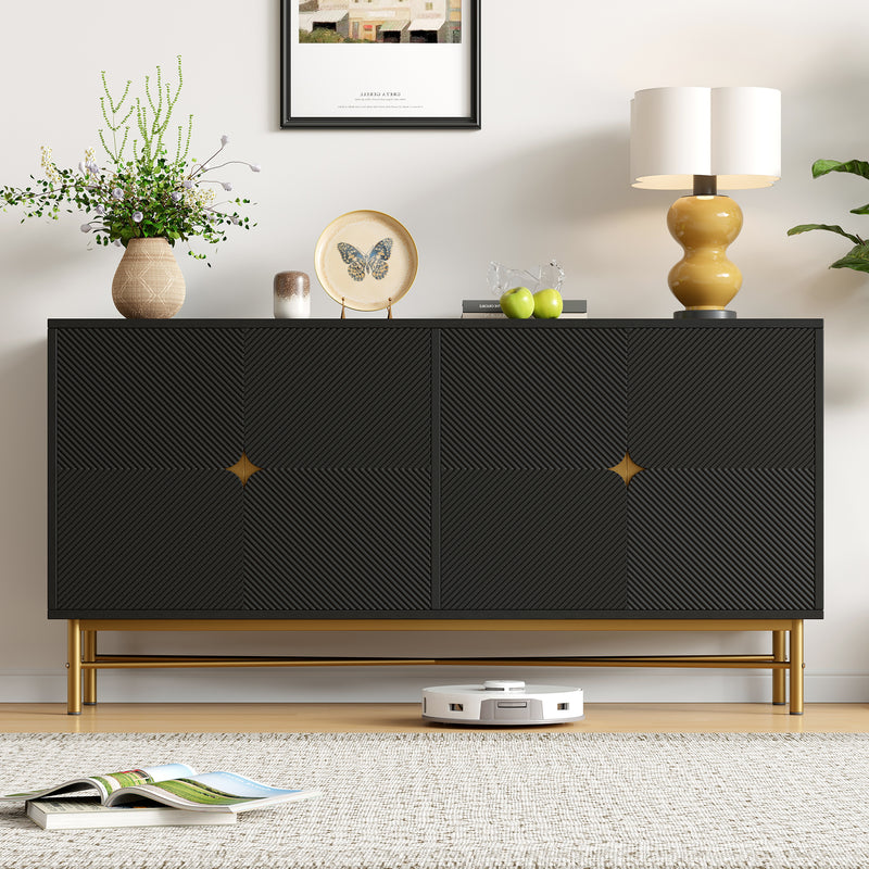 Buffet noir à texture gaufrée effet bois 4 portes style luxe accent doré POLLENBASK