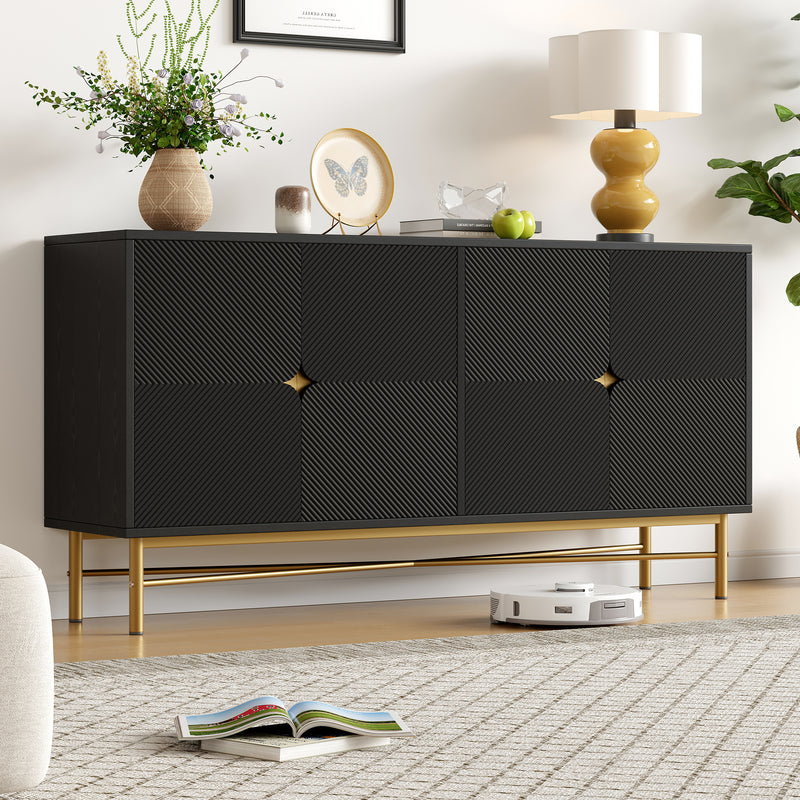 Buffet noir à texture gaufrée effet bois 4 portes style luxe accent doré POLLENBASK