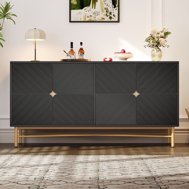 Buffet noir à texture gaufrée effet bois 4 portes style luxe accent doré POLLENBASK
