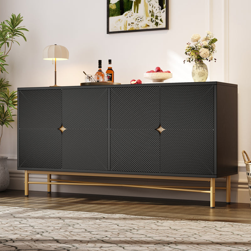 Buffet noir à texture gaufrée effet bois 4 portes style luxe accent doré POLLENBASK