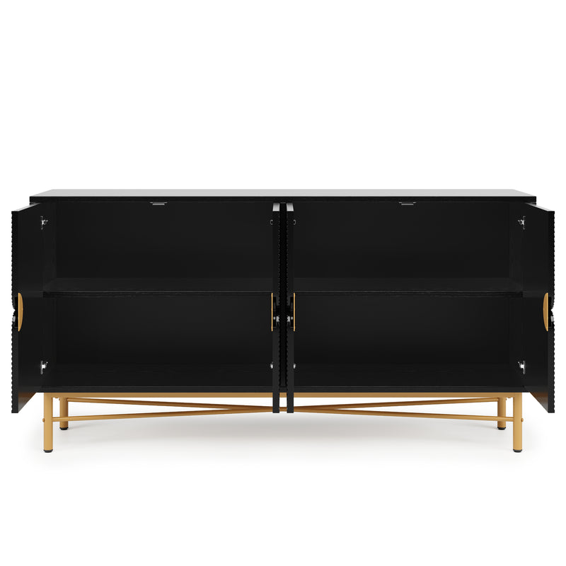 Buffet noir à texture gaufrée effet bois 4 portes style luxe accent doré POLLENBASK