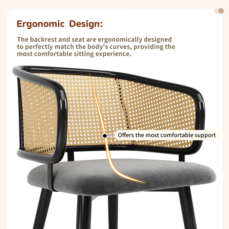 Lot de 2 chaises de salle à manger velours gris et dossier en rotin, pieds en métal noir POLLENBASKET