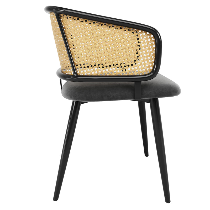 Lot de 2 chaises de salle à manger velours gris et dossier en rotin, pieds en métal noir POLLENBASKET