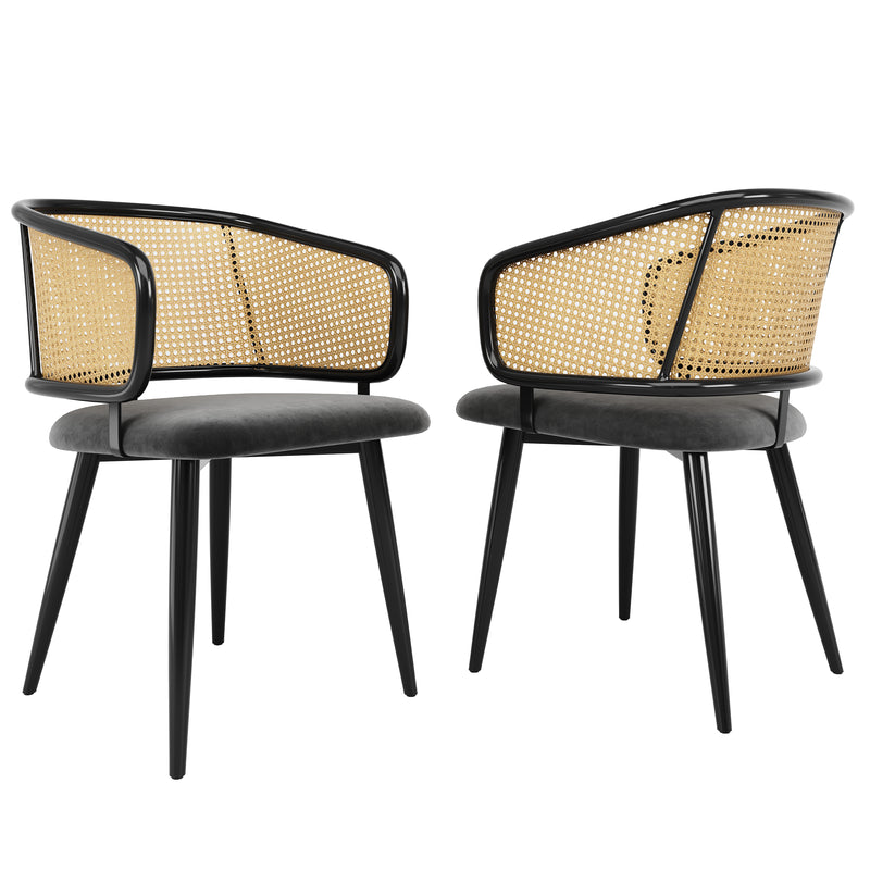 Lot de 2 chaises de salle à manger velours gris et dossier en rotin, pieds en métal noir POLLENBASKET