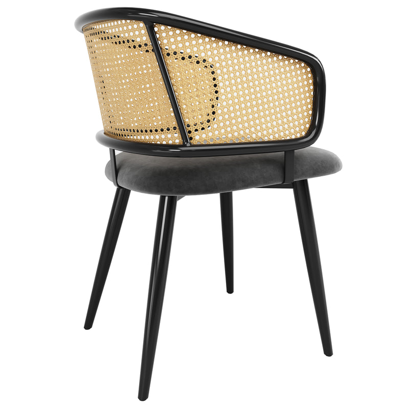 Lot de 2 chaises de salle à manger velours gris et dossier en rotin, pieds en métal noir POLLENBASKET