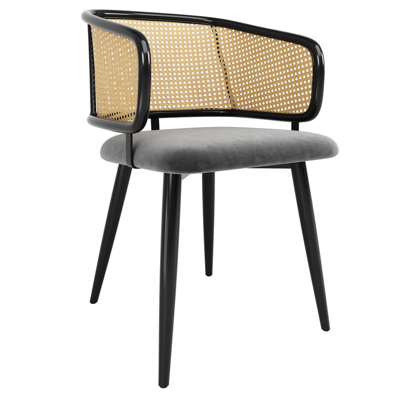 Lot de 2 chaises de salle à manger velours gris et dossier en rotin, pieds en métal noir POLLENBASKET