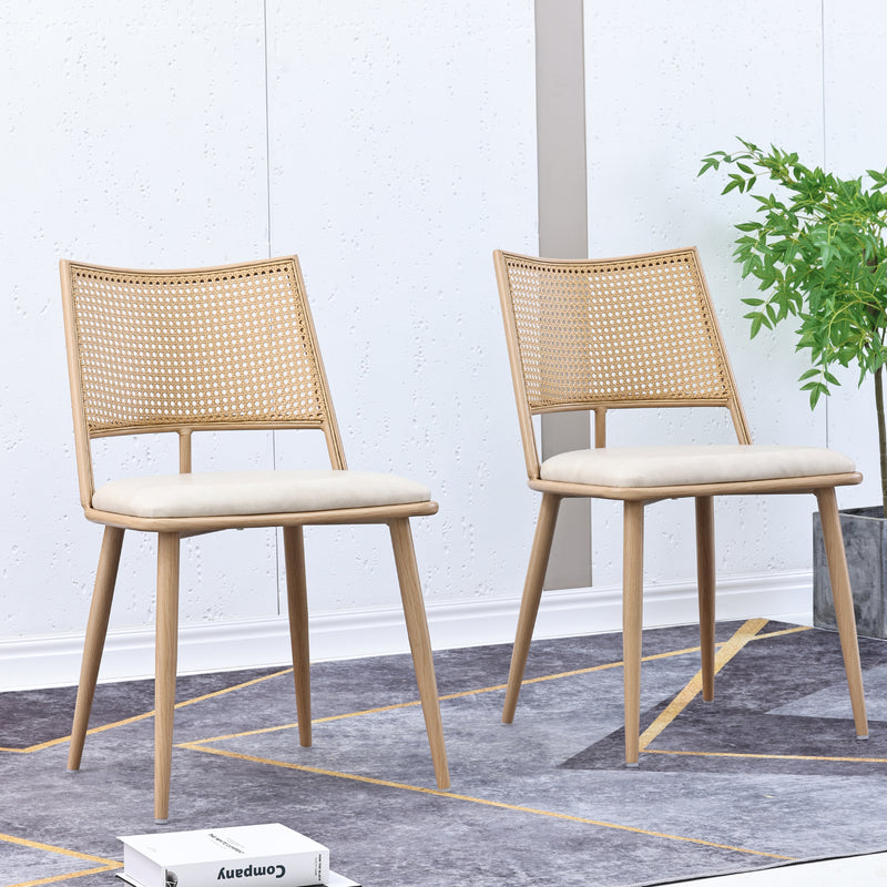 Lot de 2 chaises de salle à manger PU beige dossier en rotin tressé POLYPEPT