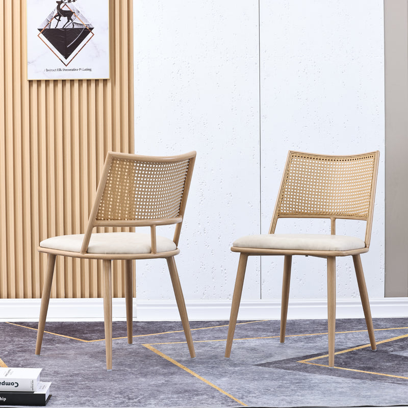 Lot de 2 chaises de salle à manger PU beige dossier en rotin tressé POLYPEPT