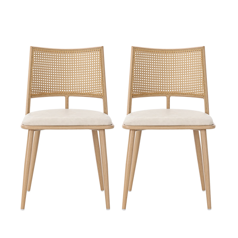 Lot de 2 chaises de salle à manger PU beige dossier en rotin tressé POLYPEPT