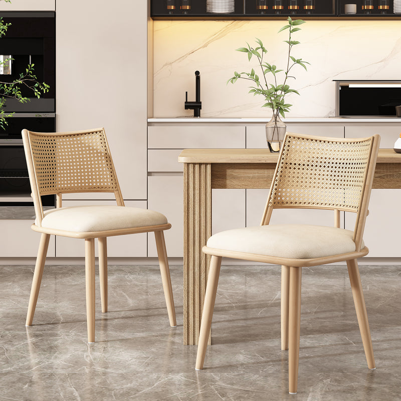Lot de 2 chaises de salle à manger PU beige dossier en rotin tressé POLYPEPT