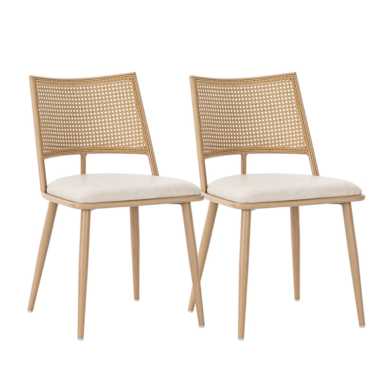 Lot de 2 chaises de salle à manger PU beige dossier en rotin tressé POLYPEPT