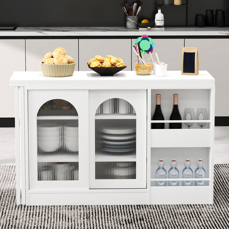 Buffet avec table retratable à 360° avec portes en verre ondulé convertible îlot de cuisine blanc PRAIRIEHAZE