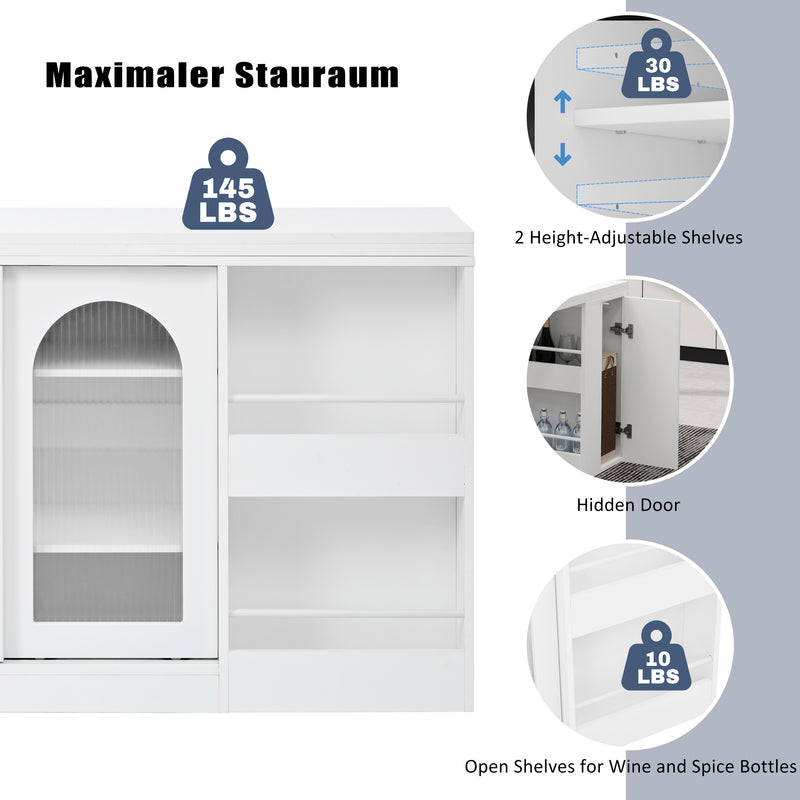 Buffet avec table retratable à 360° avec portes en verre ondulé convertible îlot de cuisine blanc PRAIRIEHAZE