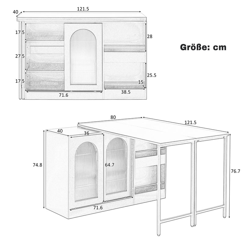 Buffet avec table retratable à 360° avec portes en verre ondulé convertible îlot de cuisine blanc PRAIRIEHAZE