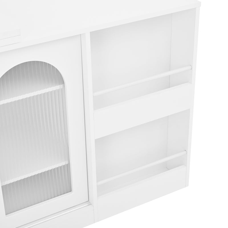 Buffet avec table retratable à 360° avec portes en verre ondulé convertible îlot de cuisine blanc PRAIRIEHAZE
