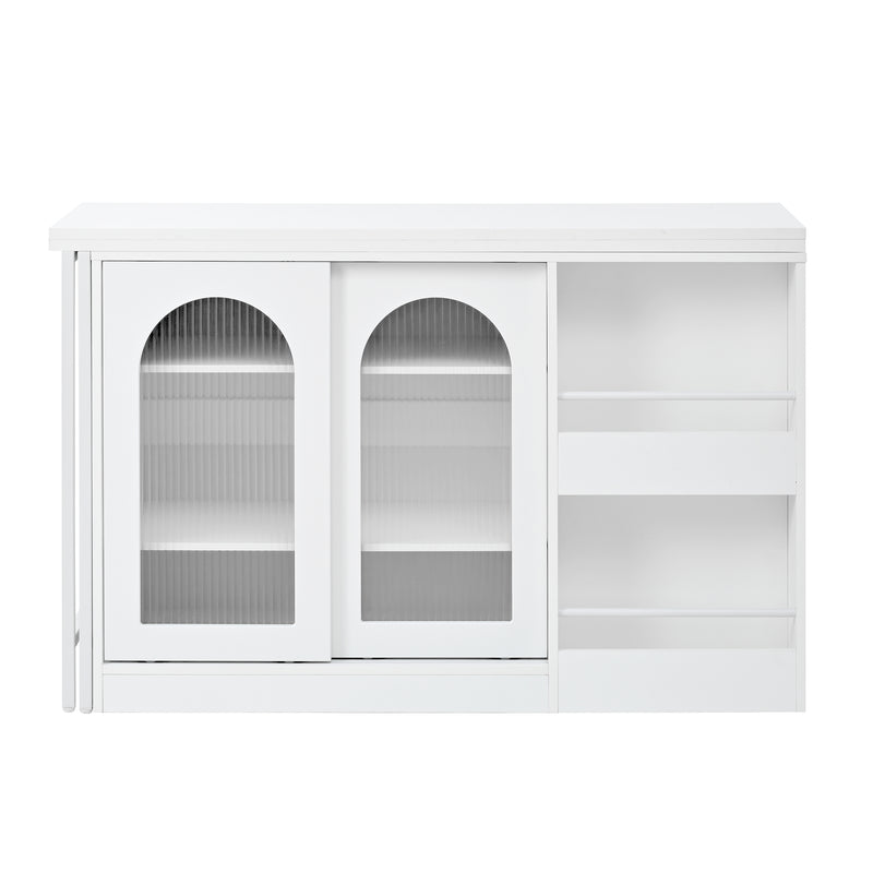 Buffet avec table retratable à 360° avec portes en verre ondulé convertible îlot de cuisine blanc PRAIRIEHAZE