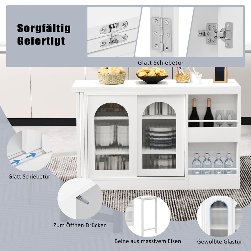 Buffet avec table retratable à 360° avec portes en verre ondulé convertible îlot de cuisine blanc PRAIRIEHAZE