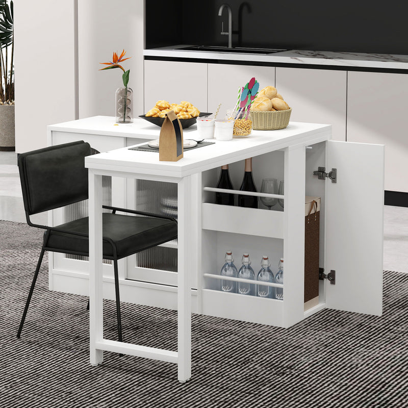 Buffet avec table retratable à 360° avec portes en verre ondulé convertible îlot de cuisine blanc PRAIRIEHAZE