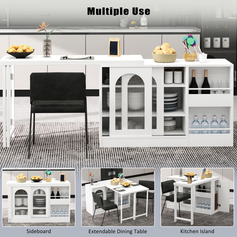 Buffet avec table retratable à 360° avec portes en verre ondulé convertible îlot de cuisine blanc PRAIRIEHAZE